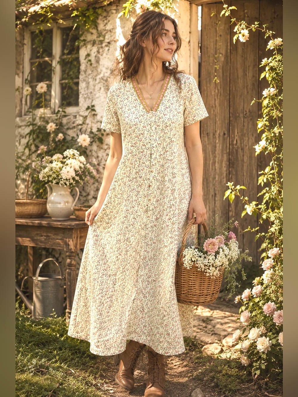 April Cornell Cottagecore Vintage Prairie Cream Floral Maxi Button Front Dress